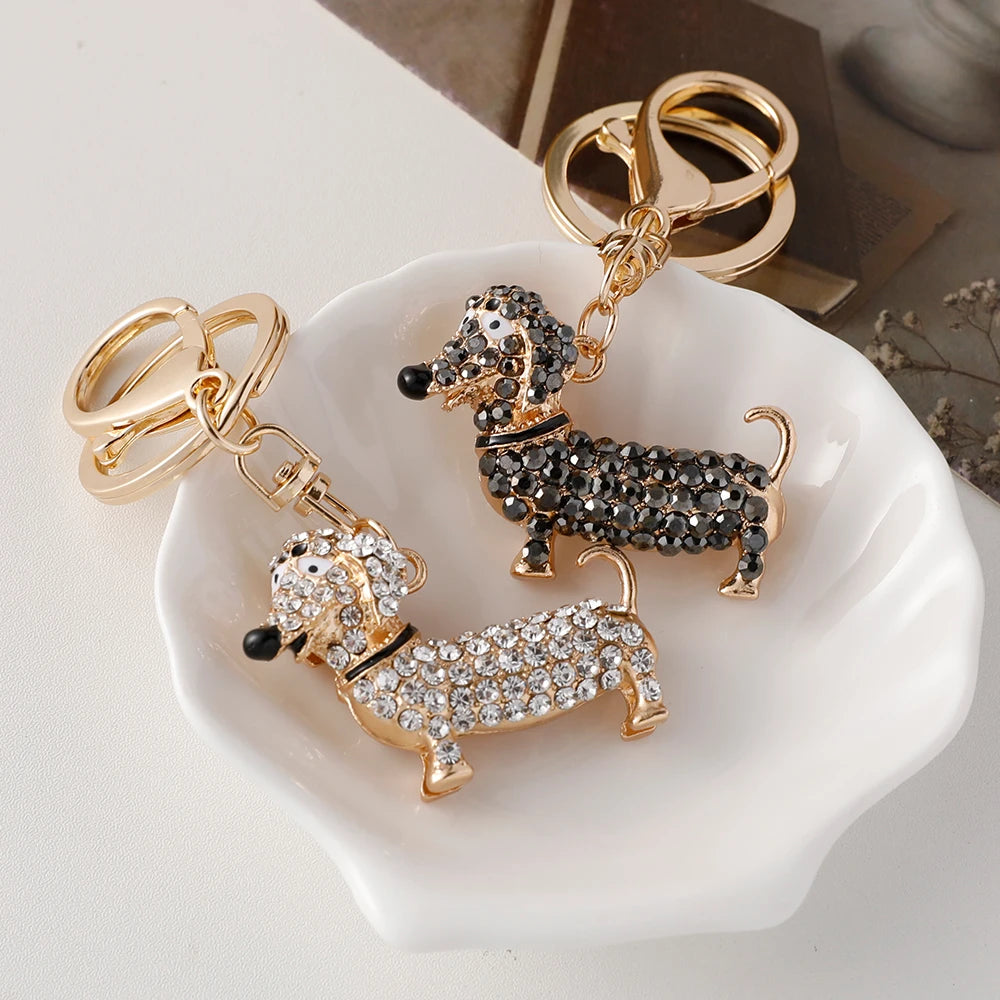 Anime-Inspired Dachshund Keychain with Rhinestone Accents - Elegant Bag Pendant for Women