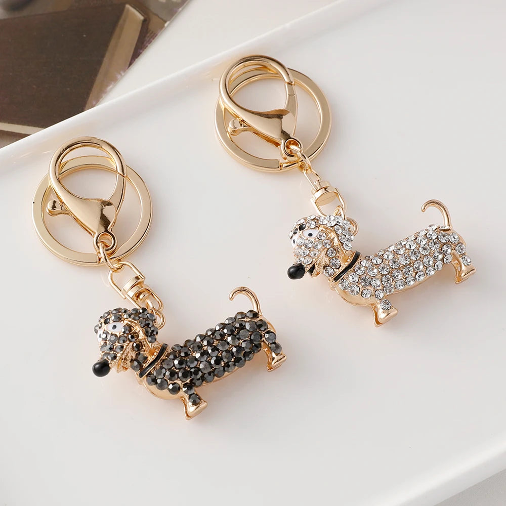 Anime-Inspired Dachshund Keychain with Rhinestone Accents - Elegant Bag Pendant for Women