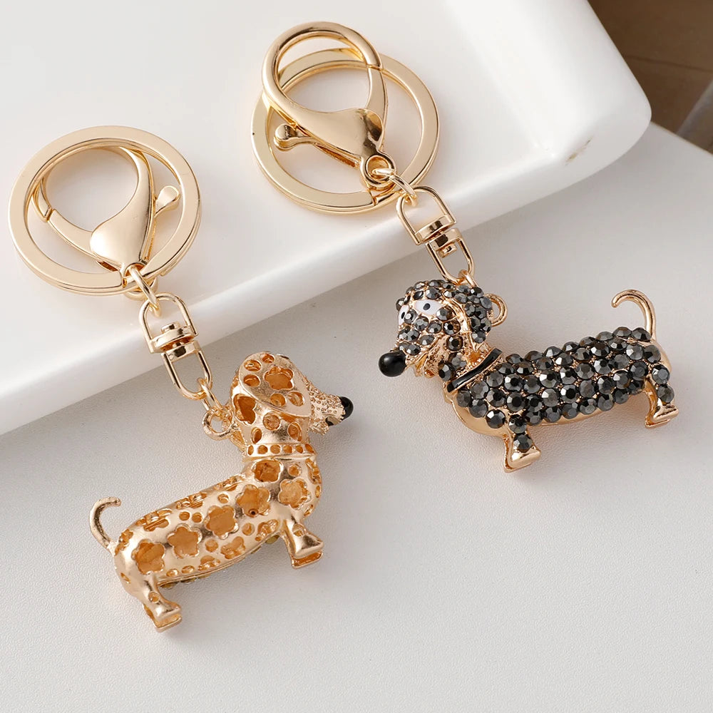 Anime-Inspired Dachshund Keychain with Rhinestone Accents - Elegant Bag Pendant for Women