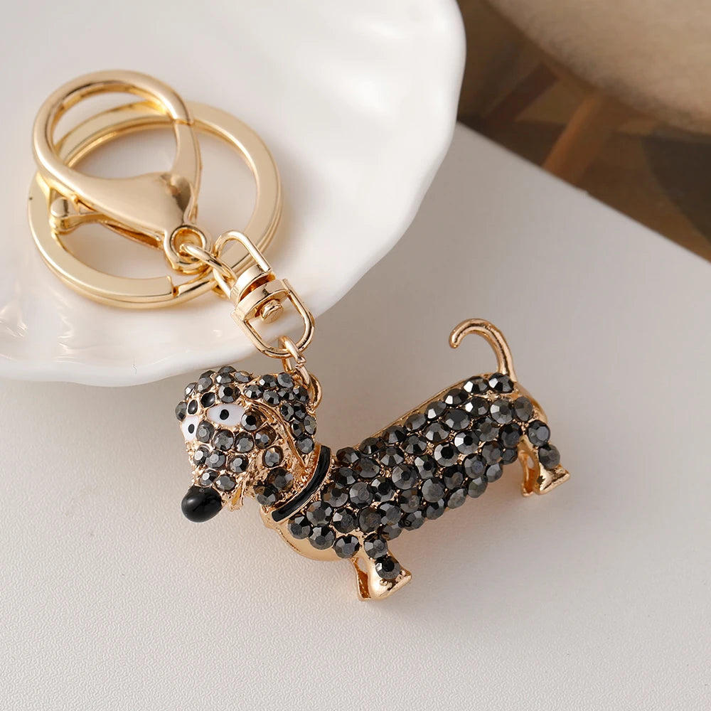 Anime-Inspired Dachshund Keychain with Rhinestone Accents - Elegant Bag Pendant for Women