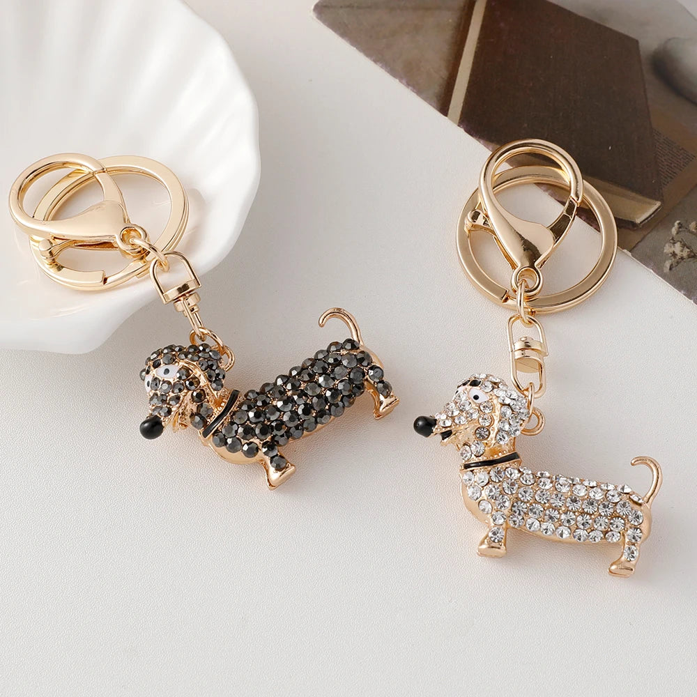 Anime-Inspired Dachshund Keychain with Rhinestone Accents - Elegant Bag Pendant for Women